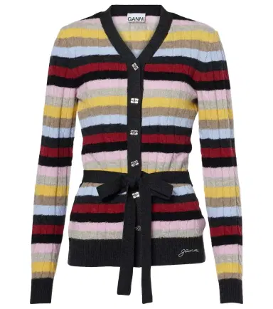 Ganni Striped cable-knit wool-blend cardigan | Thumbnail 1