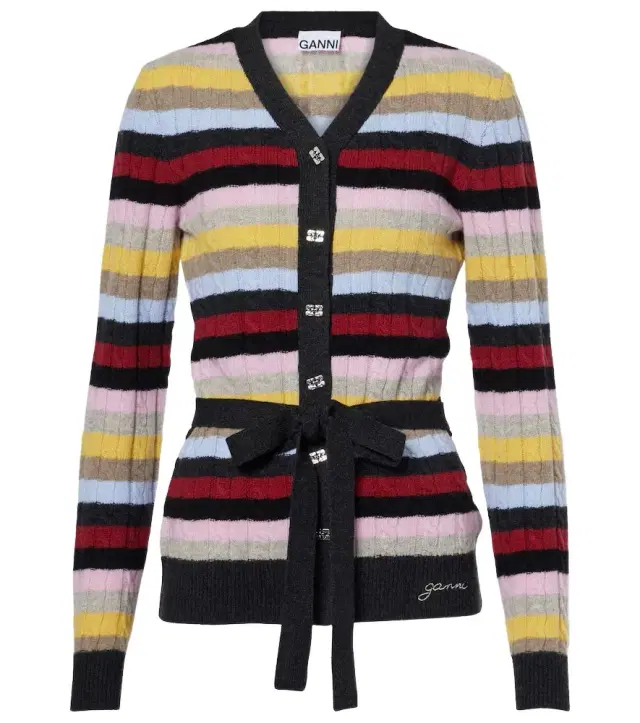 Ganni Striped cable-knit wool-blend cardigan