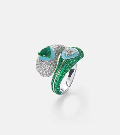 Kamyen Ying Yang 18kt white gold and enamel ring with emeralds and diamonds | Thumbnail 2