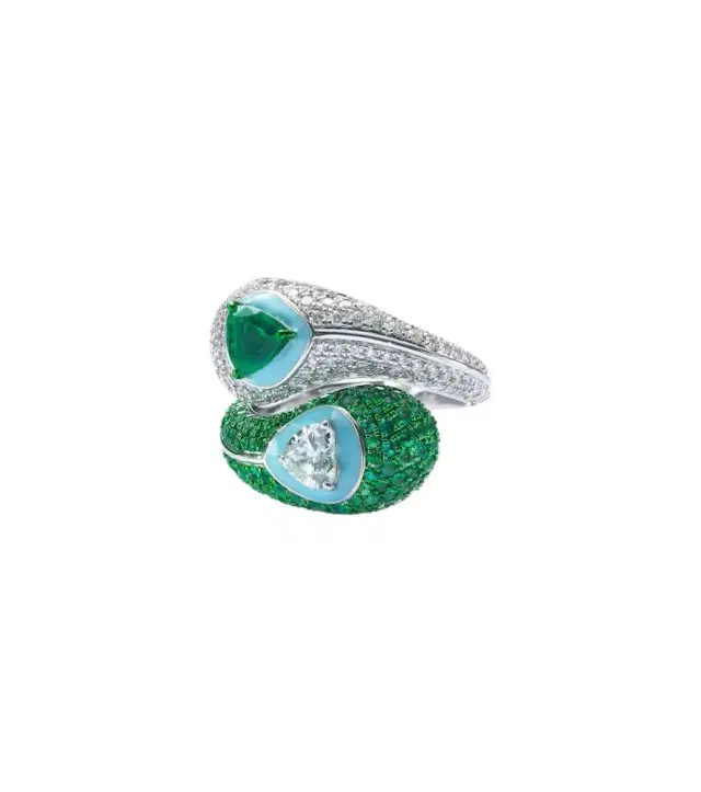 Ying Yang 18kt white gold and enamel ring with emeralds and diamonds