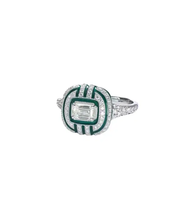 Kamyen Art Deco 18kt white gold and enamel ring with diamonds