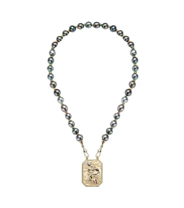Dragon 18kt gold necklace with pearl and rubies