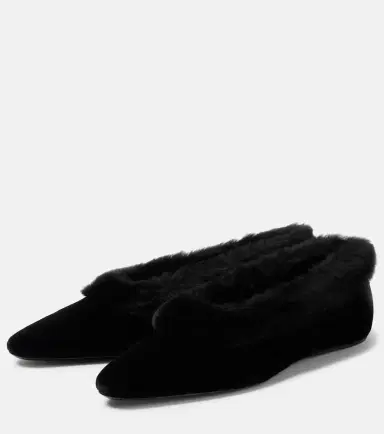 Toteme Shearling-trimmed velvet ballet flats | Thumbnail 4
