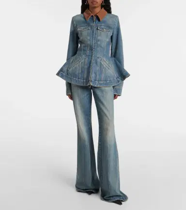 McQueen Peplum corduroy-trimmed denim jacket | Thumbnail 2