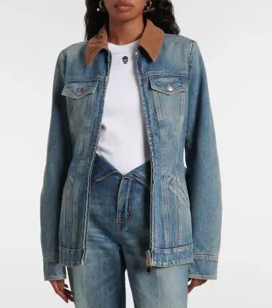 McQueen Peplum corduroy-trimmed denim jacket | Thumbnail 5