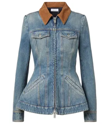 McQueen Peplum corduroy-trimmed denim jacket | Thumbnail 1