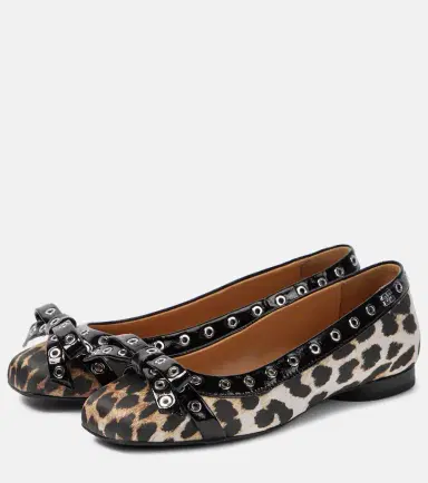 Ganni Eyelet Bow leopard-print satin ballet flats | Thumbnail 3