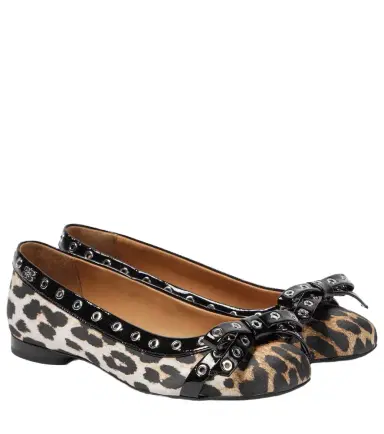 Ganni Eyelet Bow leopard-print satin ballet flats | Thumbnail 1