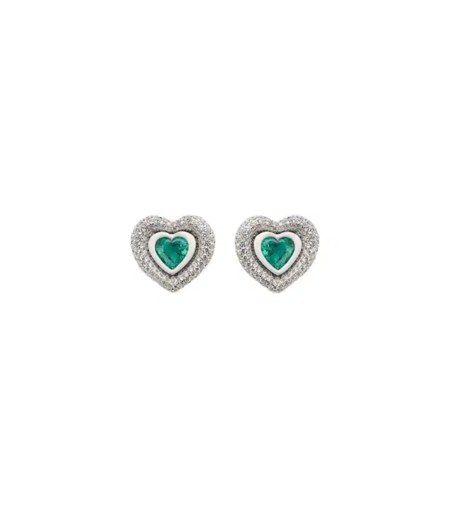 Heart 18kt white gold and enamel earrings with diamonds and emeralds