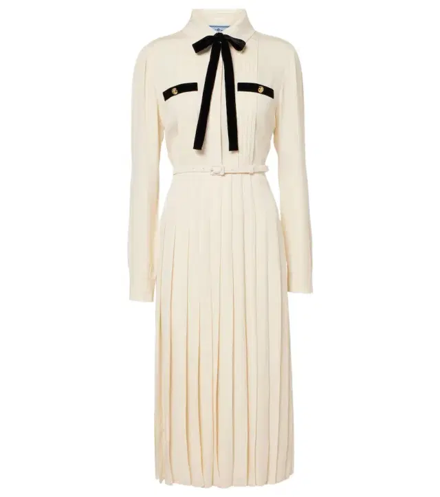 Tie-neck pleated belted shirt dress