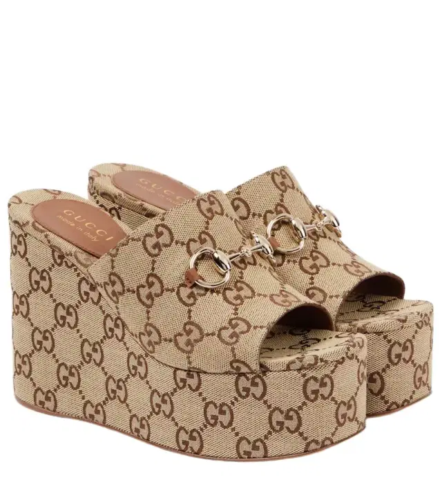 Gucci Horsebit GG Canvas wedge mules