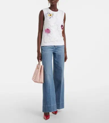Oscar de la Renta Lace-trimmed floral-appliqué cotton-blend top | Thumbnail 4