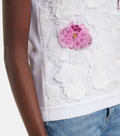 Oscar de la Renta Lace-trimmed floral-appliqué cotton-blend top | Thumbnail 5