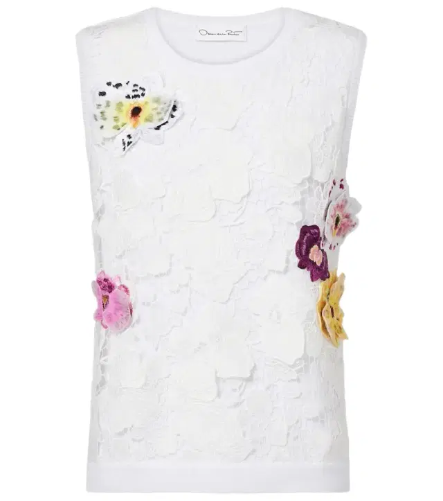 Oscar de la Renta Lace-trimmed floral-appliqué cotton-blend top