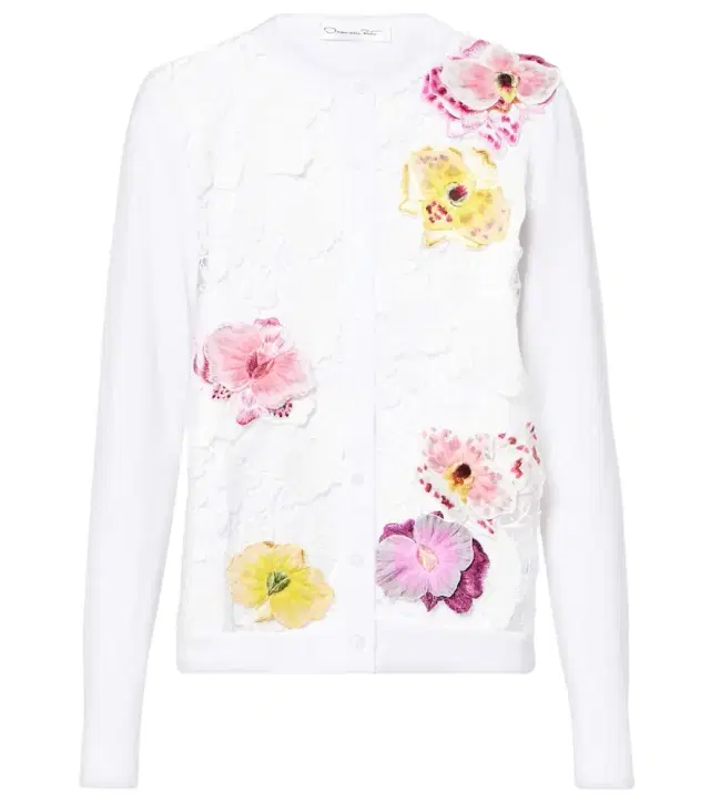 Oscar de la Renta Floral-appliqué cotton-blend cardigan