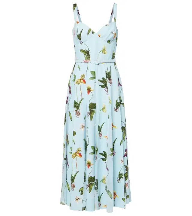 Oscar de la Renta Floral belted cady midi dress