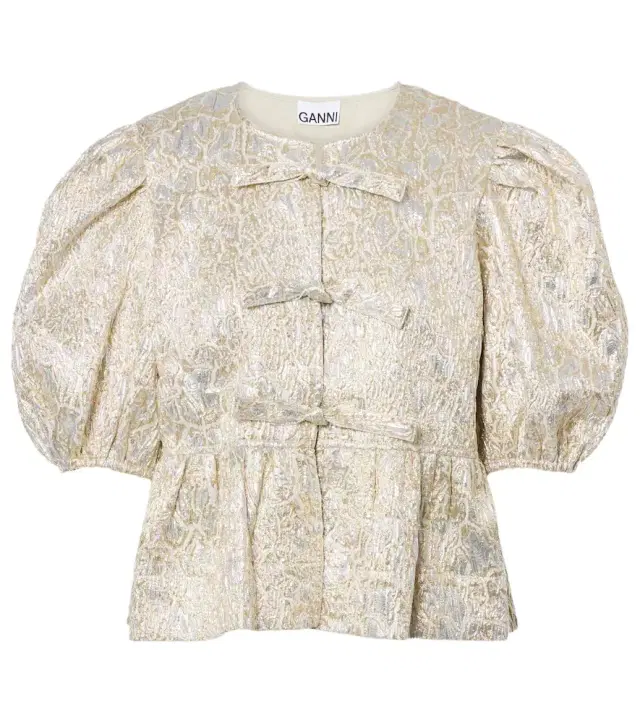 Ganni Puff-sleeve brocade top
