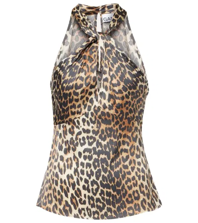 Ganni Leopard-print halterneck satin top