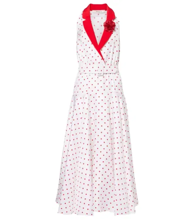 Polka-dot belted silk twill midi dress