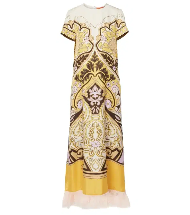 La DoubleJ Printed feather-trimmed silk maxi dress