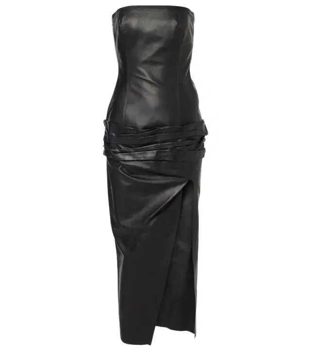 The Attico Draped strapless leather midi dress