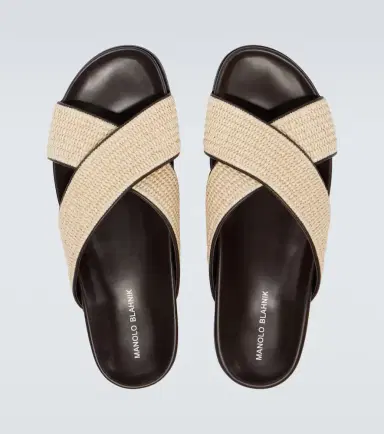 Manolo Blahnik Chiltern leather-trimmed raffia slides | Thumbnail 2 Manolo Blahnik Chiltern leather-trimmed raffia slides | Thumbnail 2