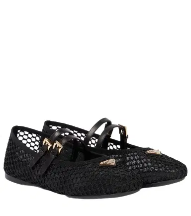 Prada Logo leather-trimmed mesh ballet flats | Thumbnail 1 Prada Logo leather-trimmed mesh ballet flats | Thumbnail 1