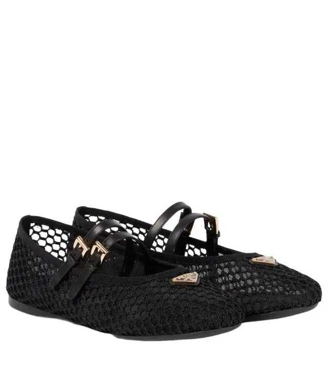 Prada Logo leather-trimmed mesh ballet flats