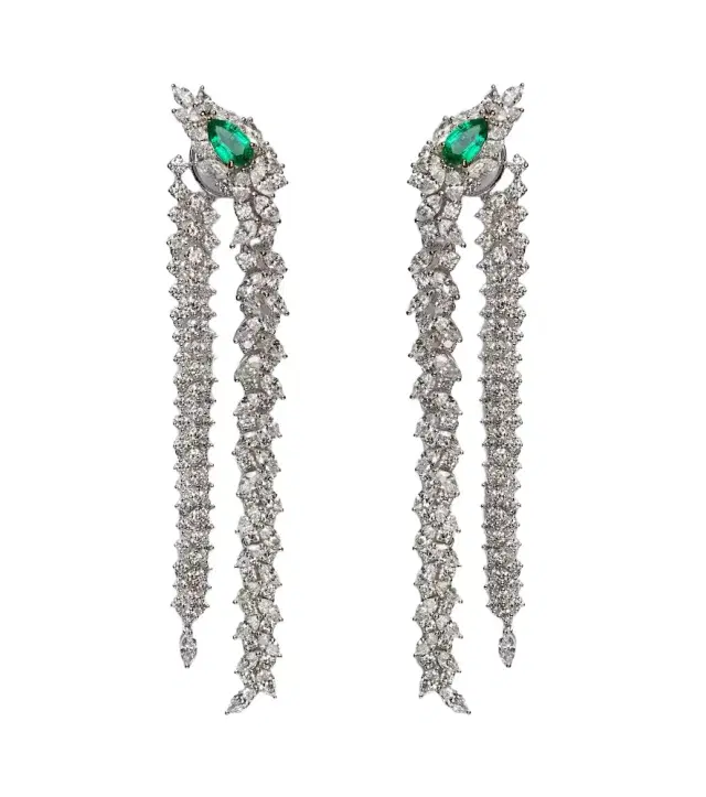 YEPREM Reign Supreme 18kt white gold drop earrings with diamonds and emeralds