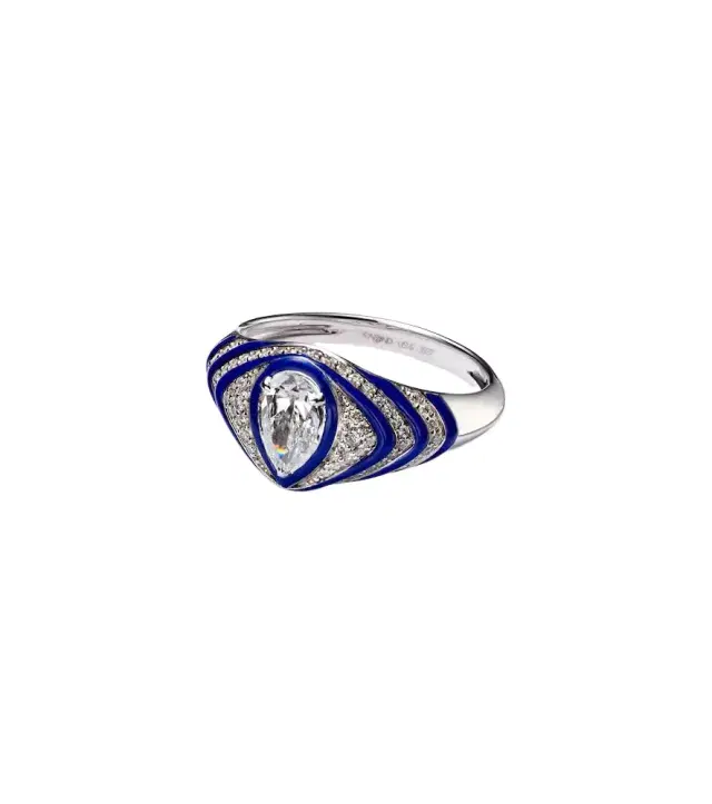 Kamyen Striped Pear 18kt white gold and enamel pinky ring with diamonds