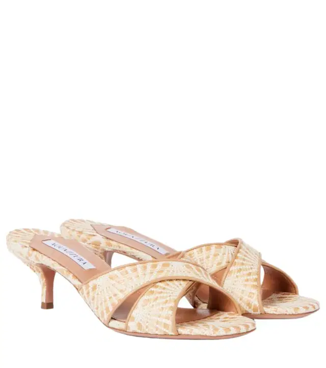 Aquazzura Divine 50 leather-trimmed raffia mules