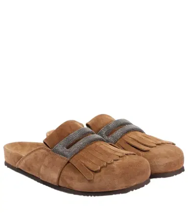 Brunello Cucinelli Fringed suede slippers | Thumbnail 1