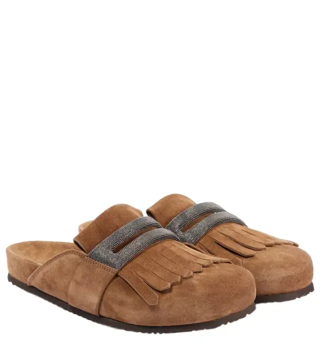 Brunello Cucinelli Fringed suede slippers