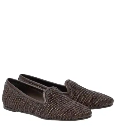 Brunello Cucinelli Leather-trimmed raffia slippers | Thumbnail 1 Brunello Cucinelli Leather-trimmed raffia slippers | Thumbnail 1
