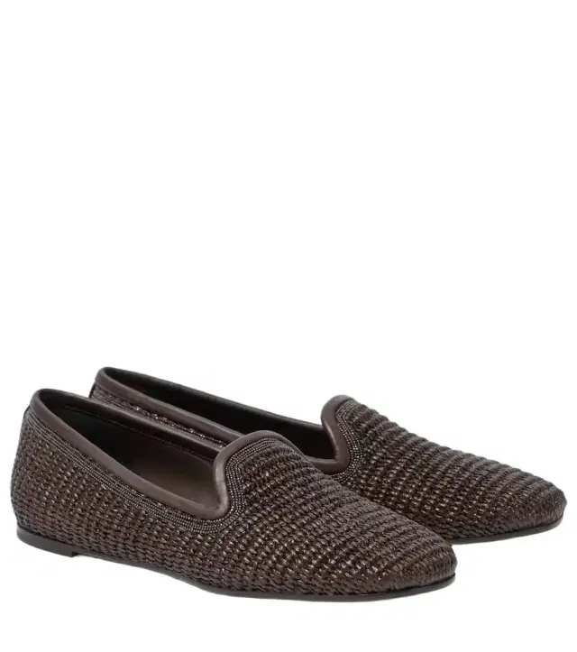Brunello Cucinelli Leather-trimmed raffia slippers