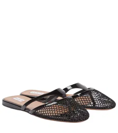 Alaïa Alaïa Infradito fishnet leather-trimmed mules | Thumbnail 1 Alaïa Alaïa Infradito fishnet leather-trimmed mules | Thumbnail 1
