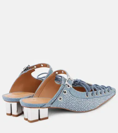 Ganni Embellished lace-up denim mules | Thumbnail 2