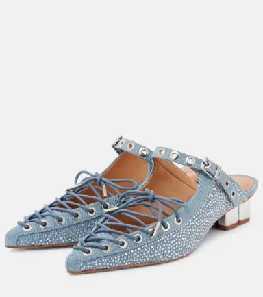 Ganni Embellished lace-up denim mules | Thumbnail 3