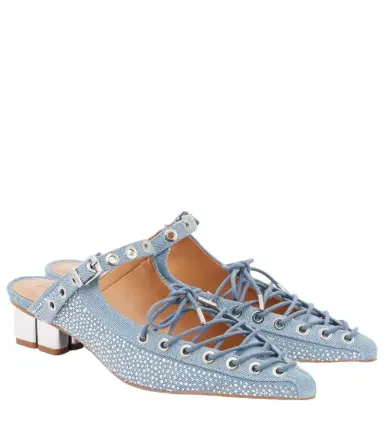Ganni Embellished lace-up denim mules | Thumbnail 1