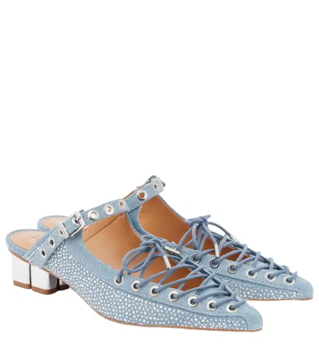 Ganni Embellished lace-up denim mules