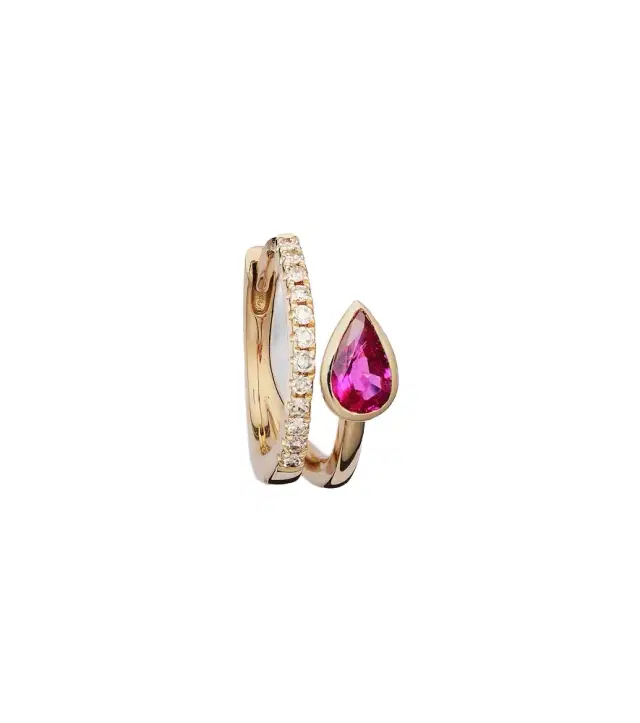 14kt gold single hoop earring with diamonds and sapphire