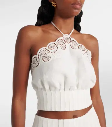 Simkhai Mellie scalloped linen-blend crop top | Thumbnail 3