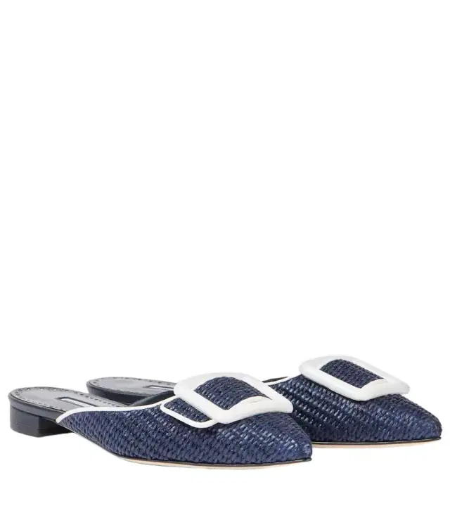 Manolo Blahnik Maysale leather-trimmed raffia mules
