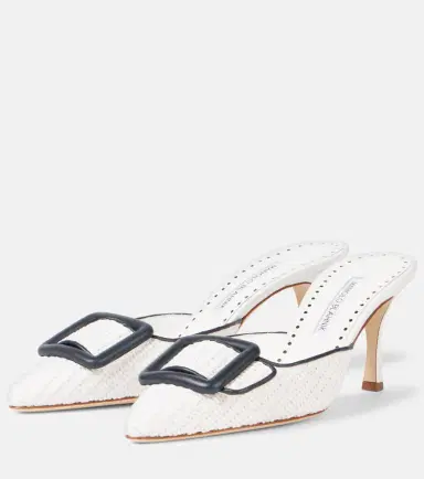 Manolo Blahnik Maysale 70 leather-trimmed raffia mules | Thumbnail 3