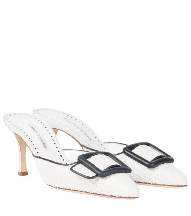 Manolo Blahnik Maysale 70 leather-trimmed raffia mules | Thumbnail 1