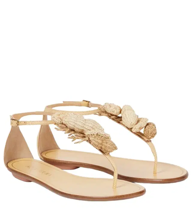 Aquazzura Marea raffia-trimmed leather thong sandals