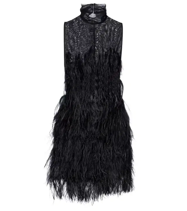 The Attico Feather-trimmed embroidered minidress