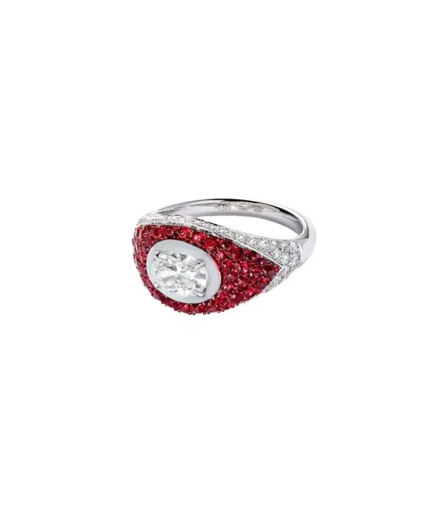 Kamyen 18kt white gold pinky ring with diamonds and rubies