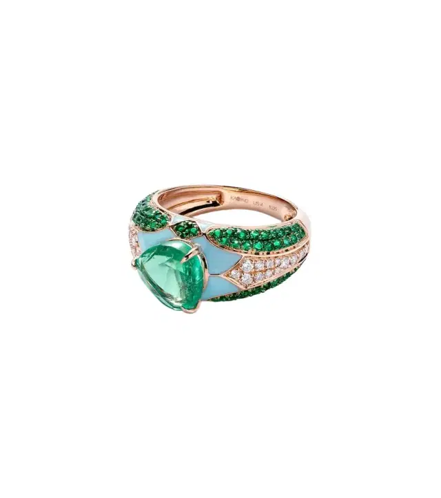 Kamyen Oasis 18kt gold and enamel pinky ring with emeralds and diamonds