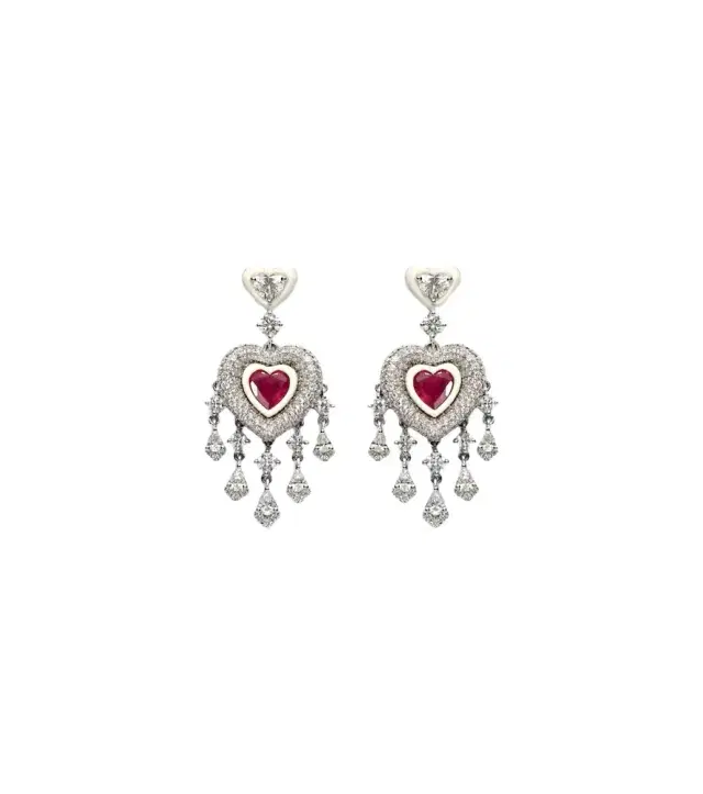 Kamyen Heart 18kt white gold earrings with rubies and diamonds